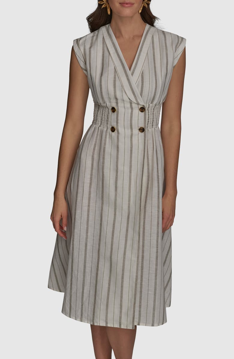 Donna Karan New York Stripe Linen & Cotton Flare Dress, Alternate, color, Cream Multi