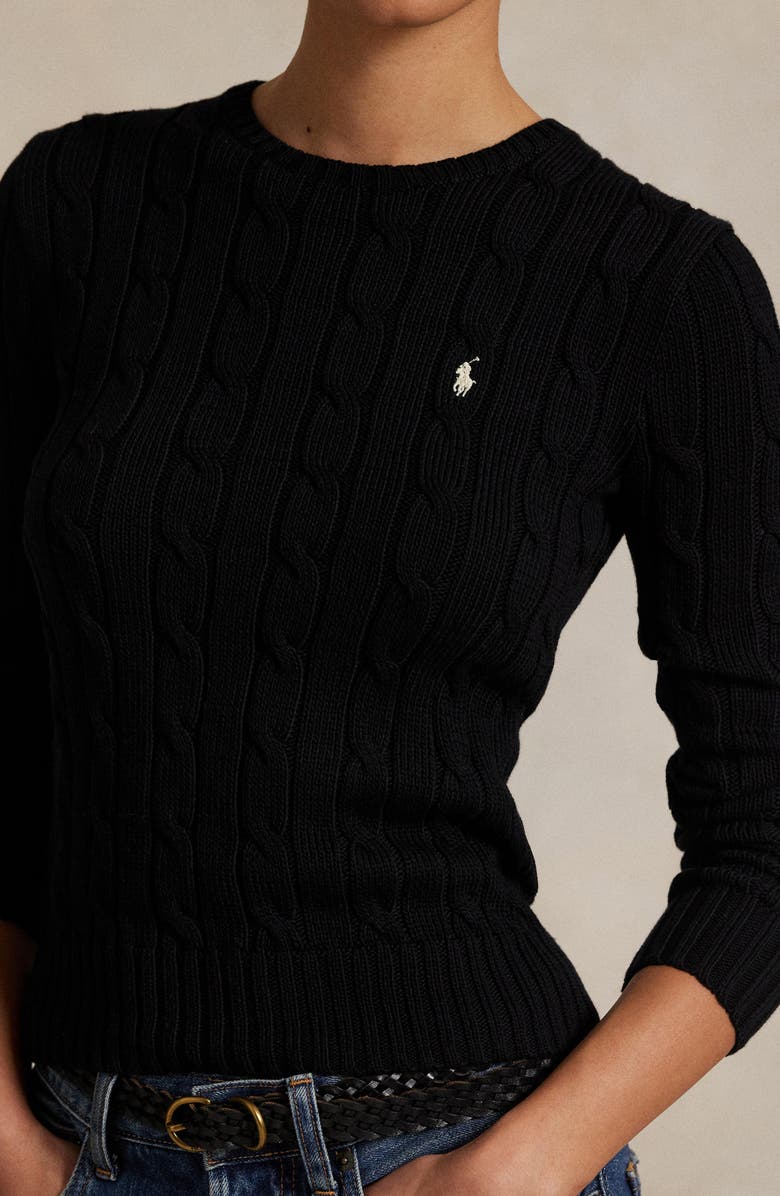 Polo Ralph Lauren Julianna Pima Cotton Cable Knit Crewneck Sweater, Alternate, color, Polo Black/ White Pp