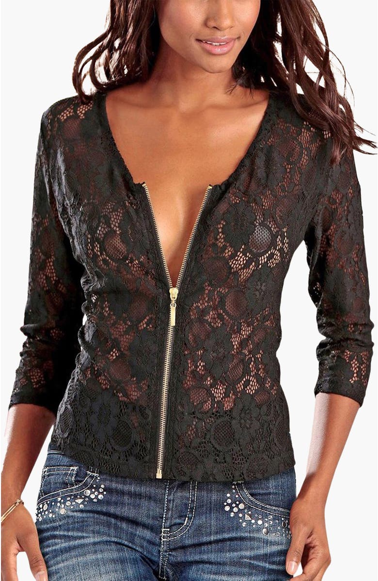 LASCANA Women's Floral Lace Zip Jacket, Main, color, Black