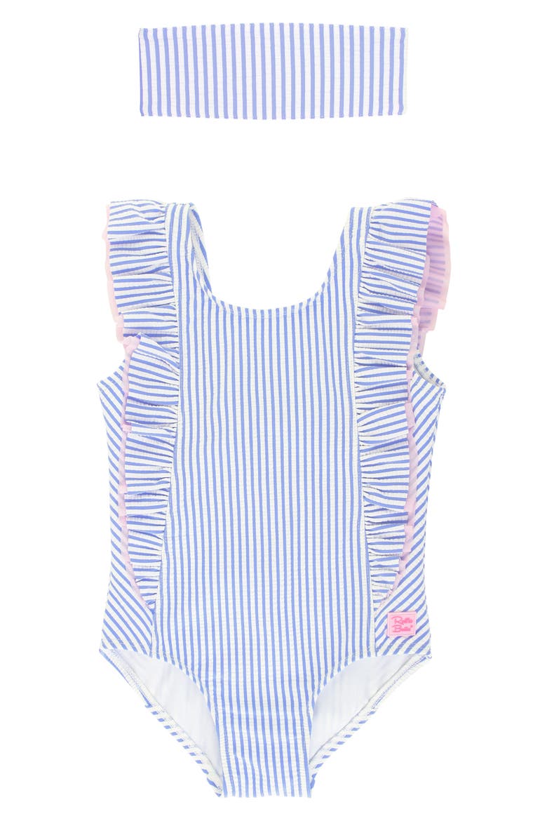 Seersucker Ruffle One-Piece Swimsuit & Head Wrap Set, Main, color, BLUE