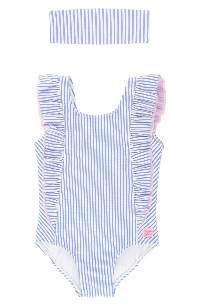 RuffleButts Seersucker Ruffle One-Piece Swimsuit & Head Wrap Set, Main, color,