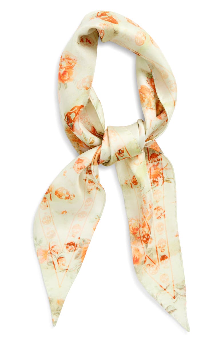 McQueen Floral Creased Silk Scarf, Alternate, color, Acqua