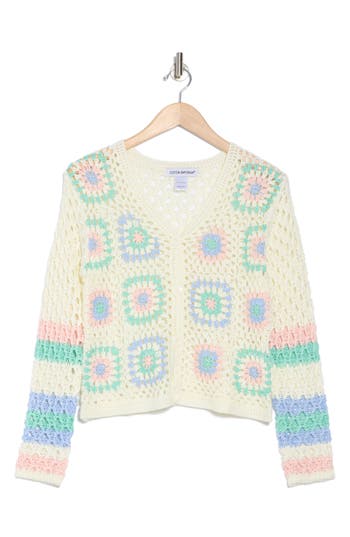Cotton Emporium Striped Sleeve Patchwork Cardigan In Ivory/blue Combo