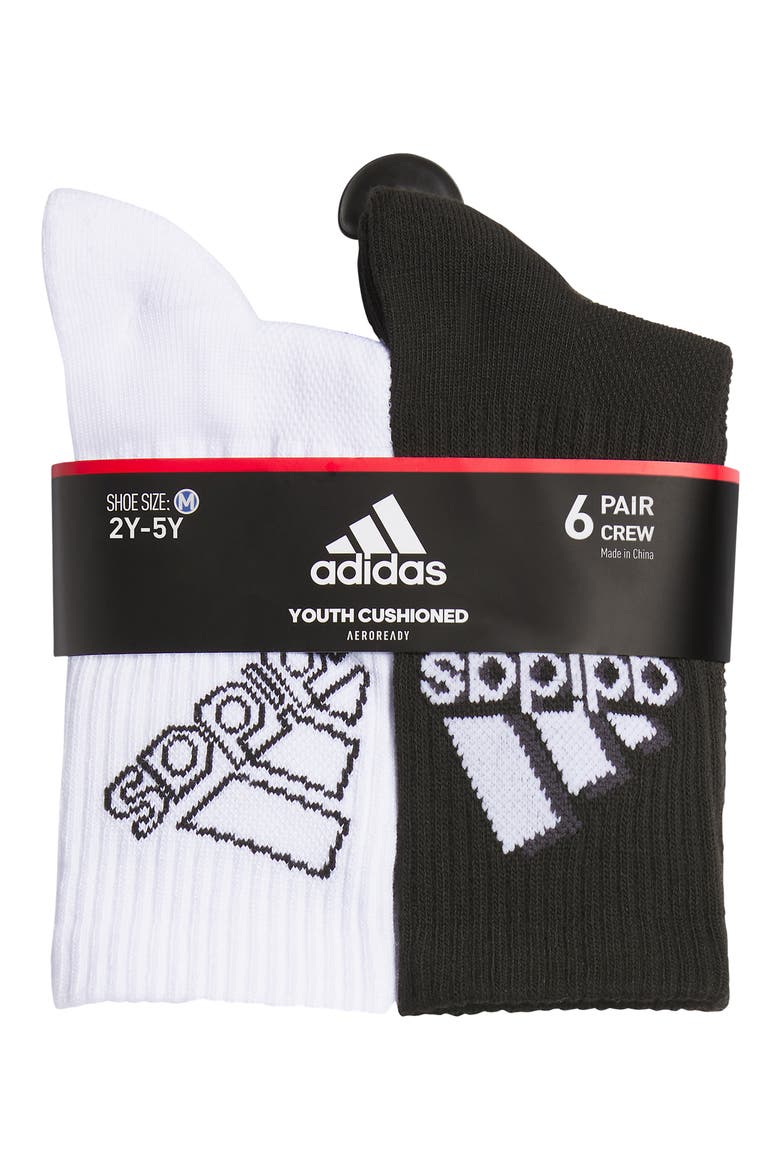 Kids' Cushioned 2.0 6-Pack Crew Socks, Alternate, color, WHITE/ BLACK
