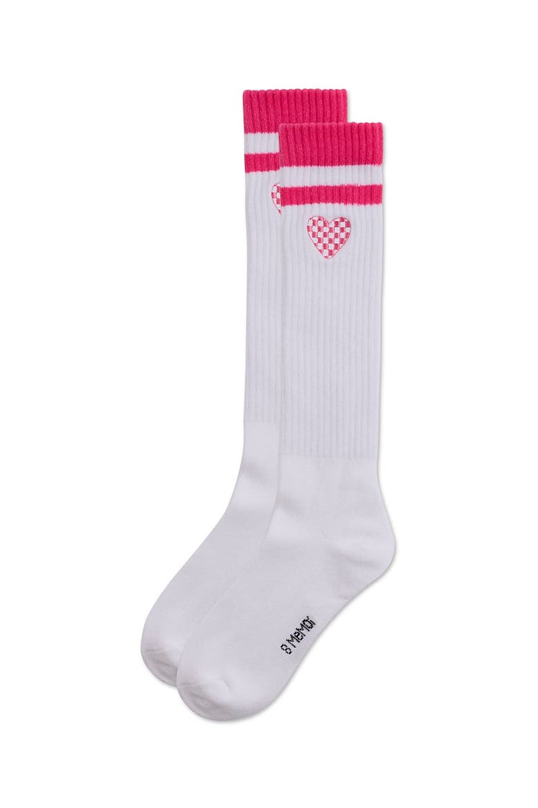 Ribbed Varsity Stripe Checkered Heart Rich Knee Sock, Alternate, color, Pink