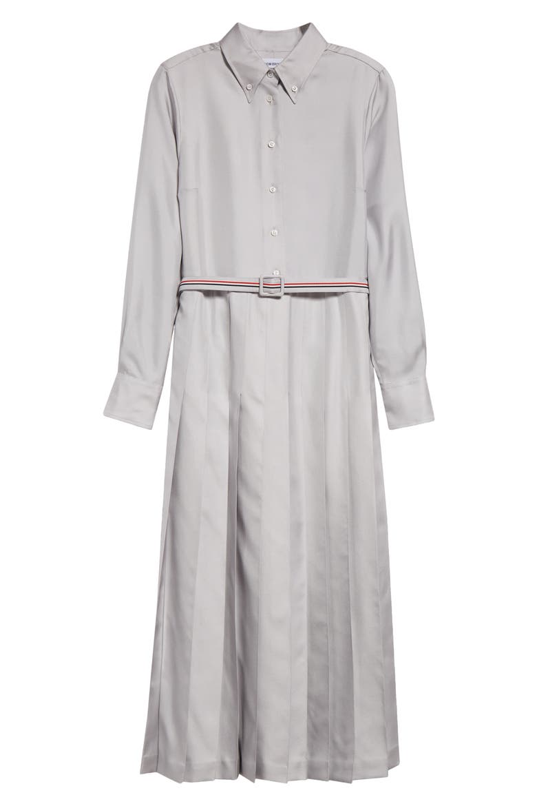 Long Sleeve Pleated Silk Midi Shirtdress, Alternate, color, LIGHT GREY
