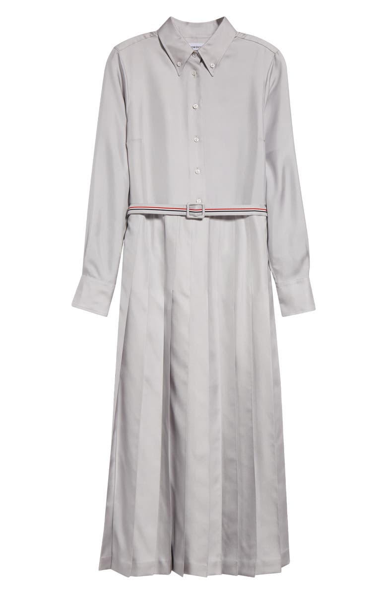 Thom Browne Long Sleeve Pleated Silk Midi Shirtdress, Alternate, color, Light Grey