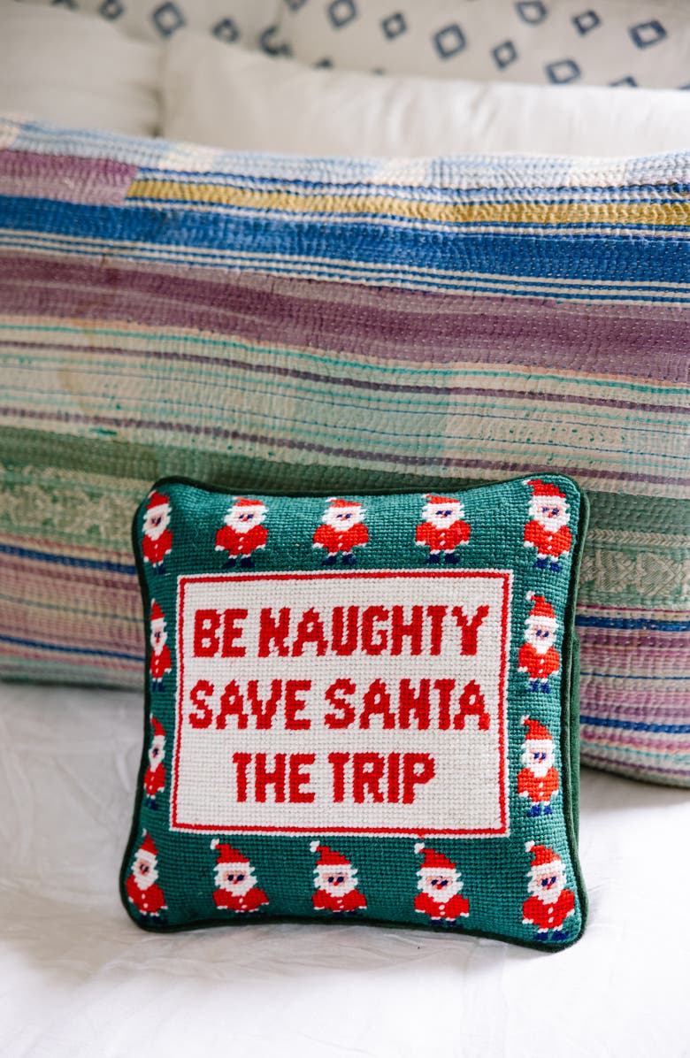 Furbish Be Naughty Needlepoint Pillow, Alternate, color, Green