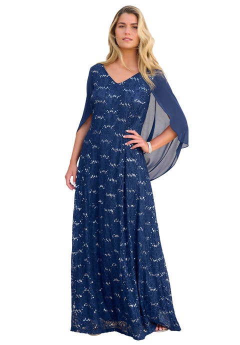 Plus-Size Allover Lace Gown With Capelet (Plus)