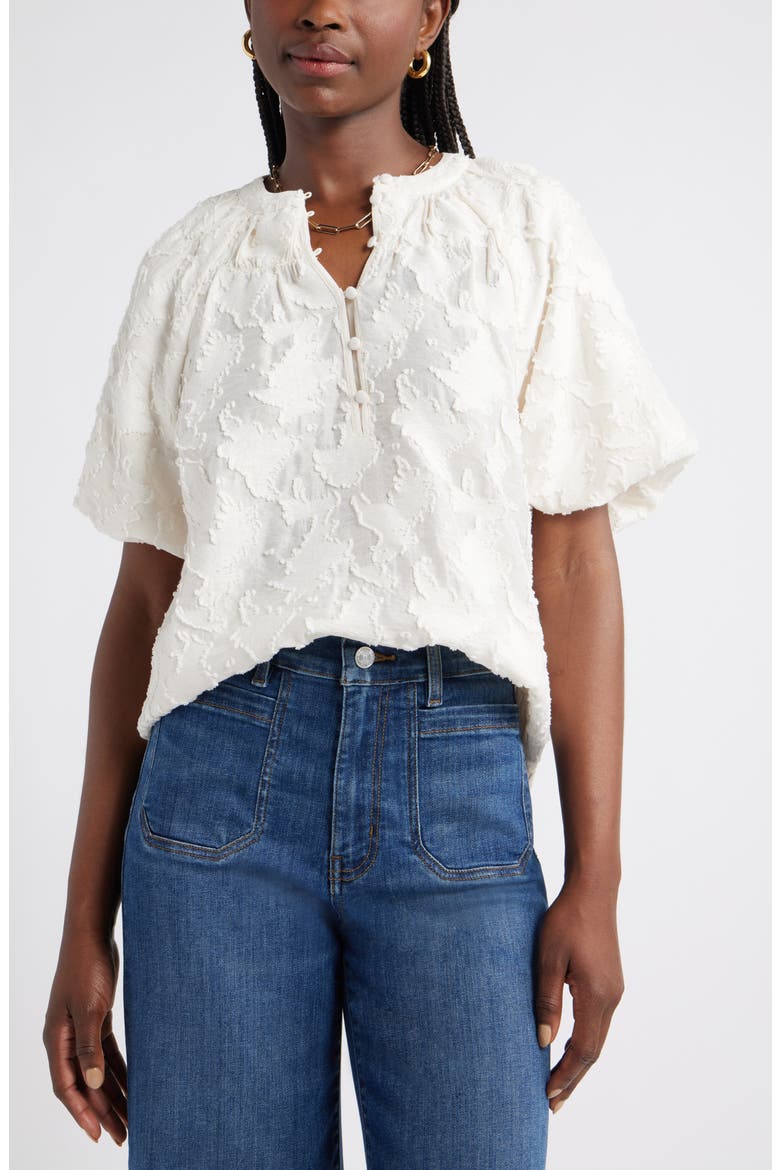 Floral Jacquard Puff Sleeve Top, Main, color, IVORY PRISTINE