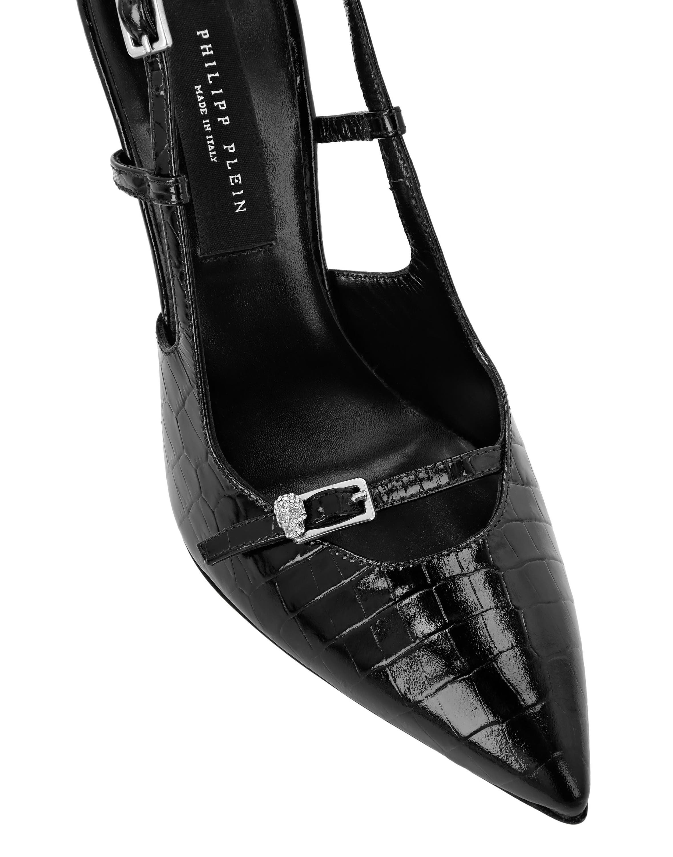 Slingback High Heels Crocco Print Buckle Skull Women, Alternate, color, black