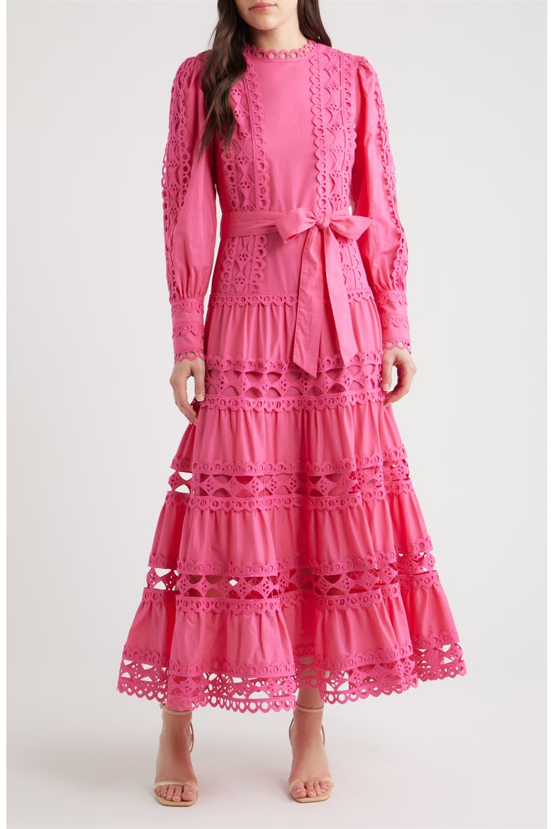 Lace Trim Long Sleeve Cotton Maxi Dress, Main, color, HOT PINK