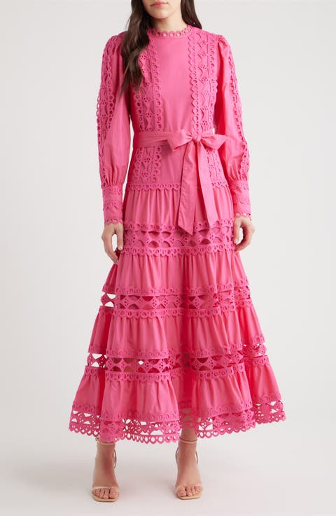 Lace Trim Long Sleeve Cotton Maxi Dress