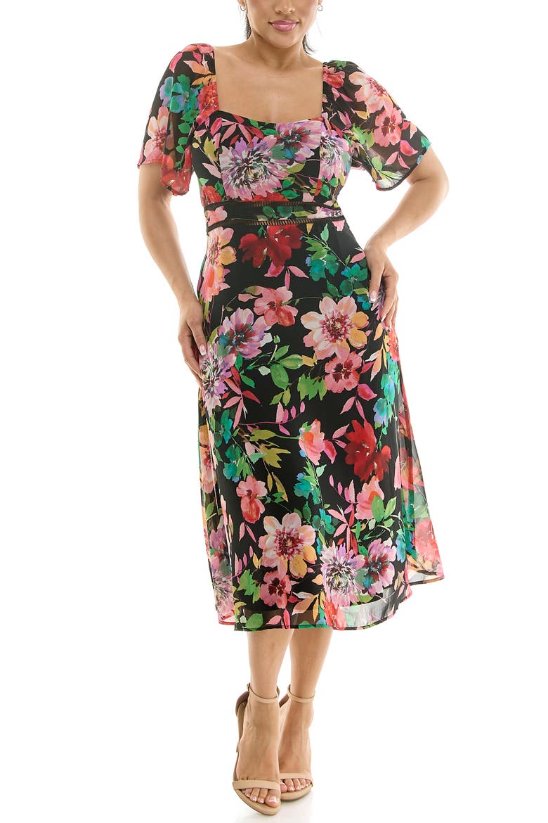 Flutter Sleeve Sweetheart Midi Dress, Main, color, BLACK MULTI