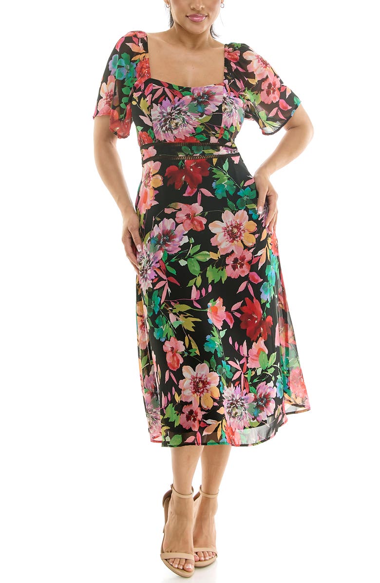 Nina Leonard Flutter Sleeve Sweetheart Midi Dress, Main, color, Black Multi