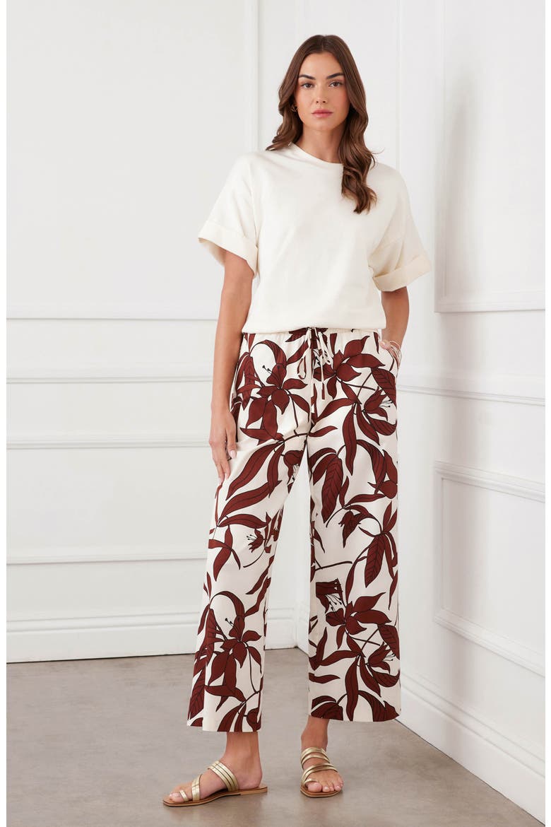 Floral Print Stretch Cotton Drawstring Wide Leg Pants, Alternate, color, BROWN PRINT