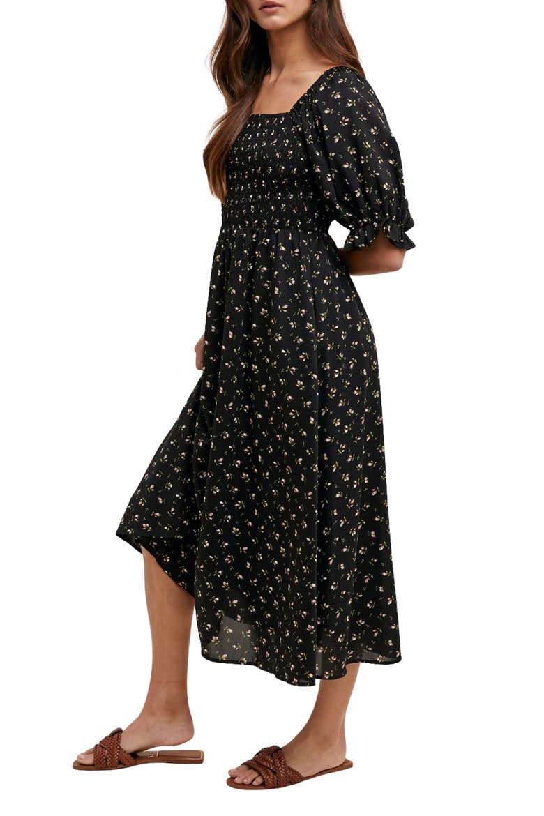 Floral Print Puff Sleeve Midi Dress, Alternate, color, BLACK/ MAUVE
