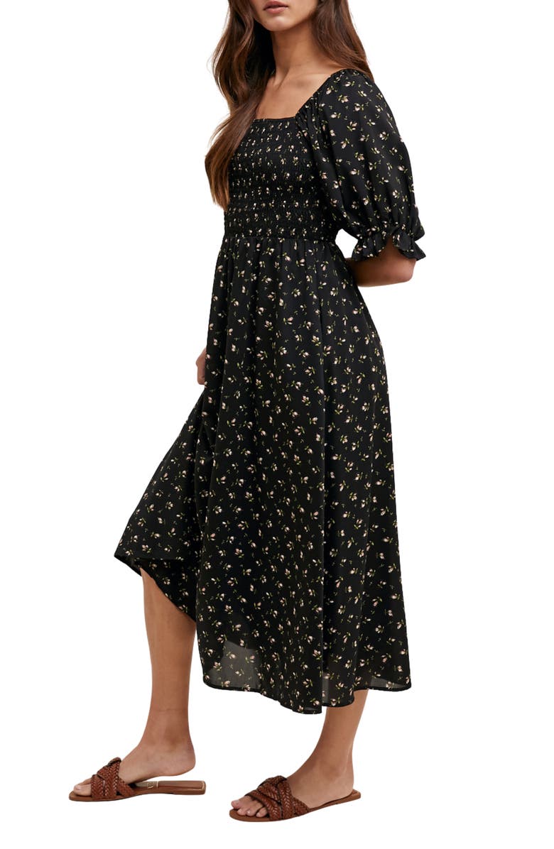 WISHLIST Floral Print Puff Sleeve Midi Dress, Alternate, color, Black/ Mauve