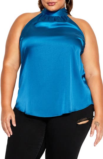 City Chic Shine Sleeveless Satin Top In Blue