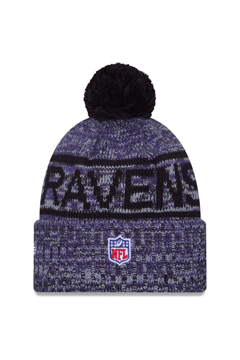 Men's New Era Purple Baltimore Ravens 2025 Sideline Cold Weather Cuffed Knit Hat with Pom, Alternate, color, Purple