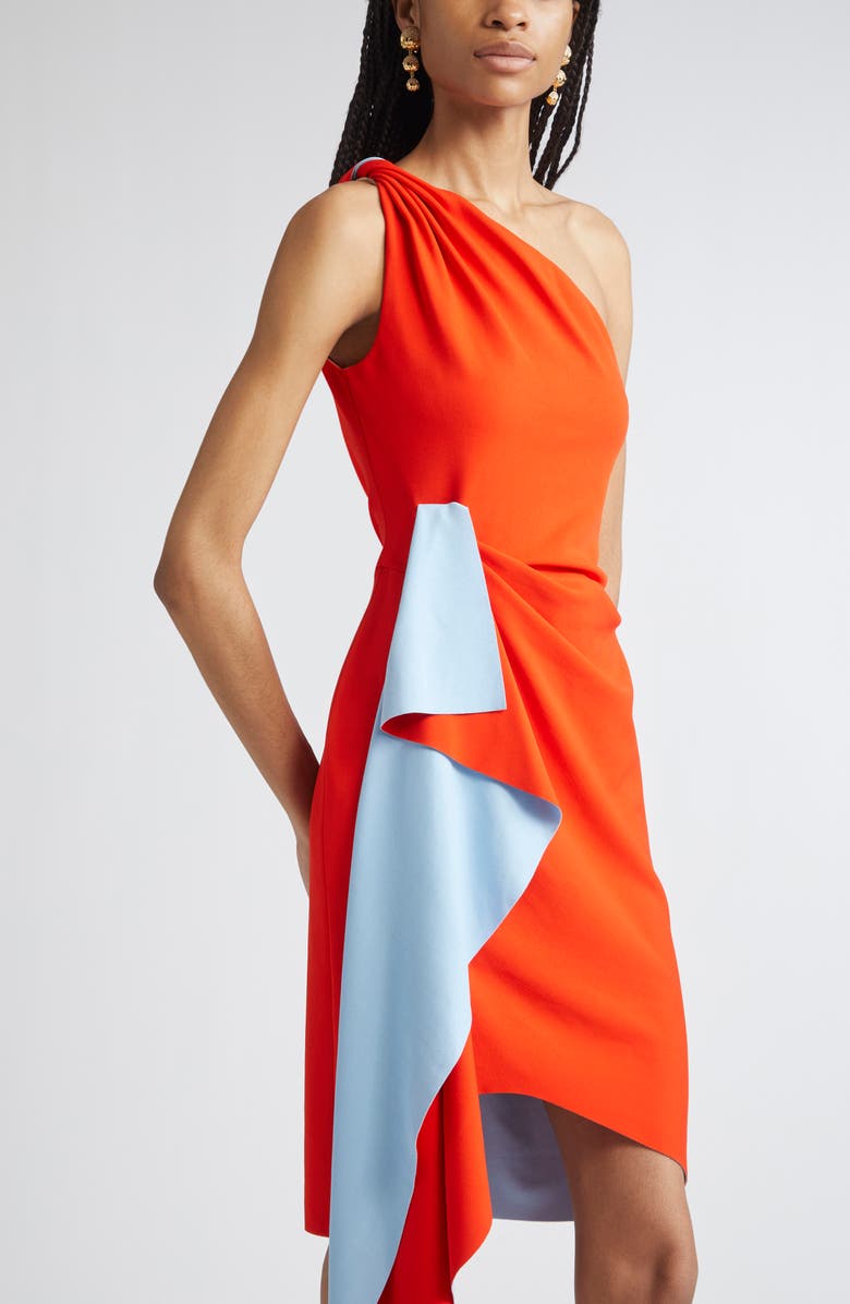 Oscar de la Renta Drape Front One Shoulder Double Face Jersey Dress, Alternate, color, Carnelian/ Blue