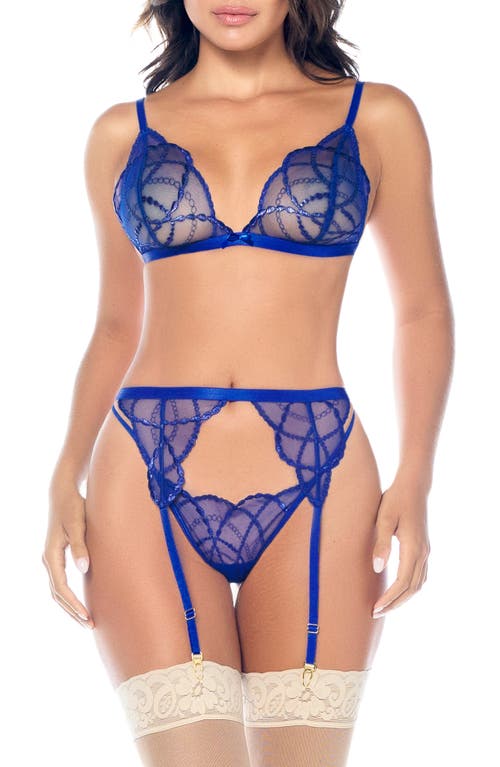 Mapalé Mapale Embroidered Mesh Bra, Thong & Garter Belt Set In Blue