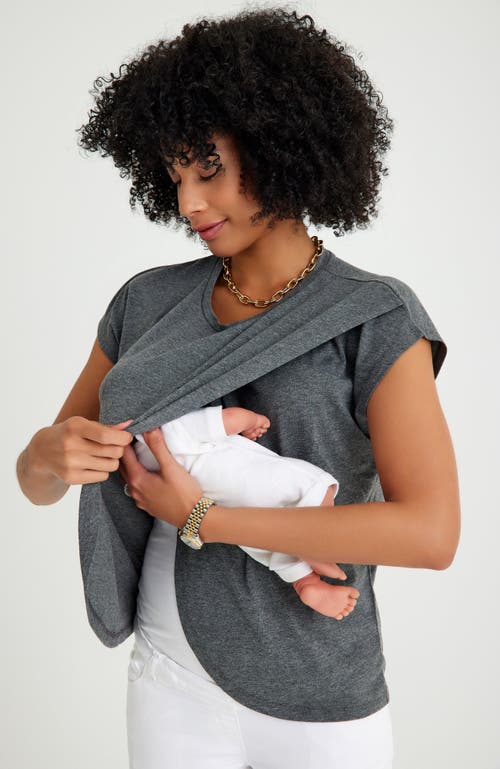 Accouchée Handy Crossover Short Sleeve Cotton Maternity/nursing Top In Gray