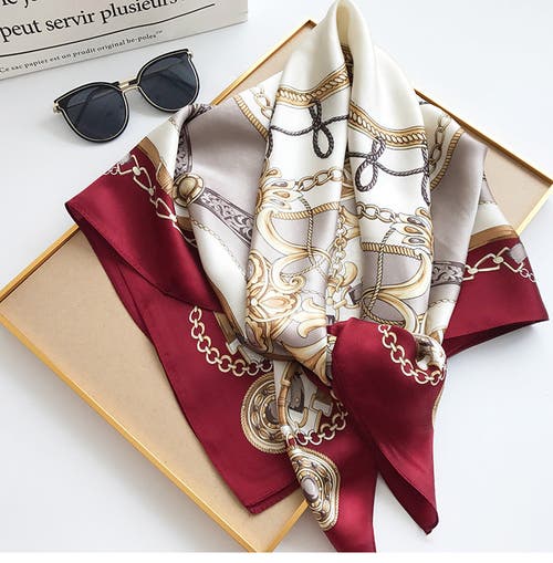 Silksilky 100% Mulberry Silk Printed Square Shawl Scarf In Burgundy