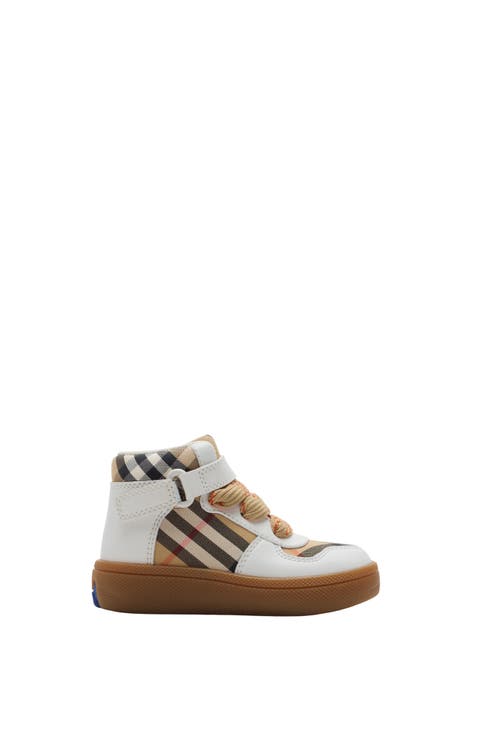 Check and Leather High-top Sneakers