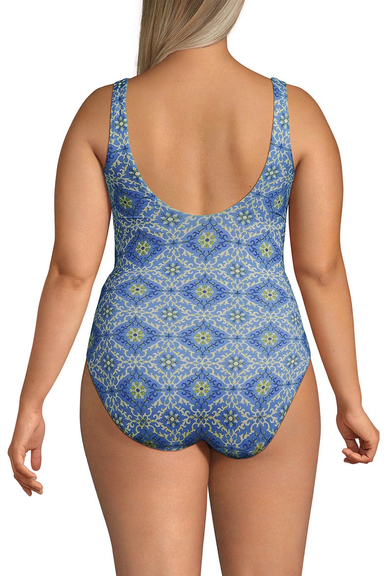 Plus Size Side Tie Wrap One Piece Swimsuit, Alternate, color, Lake Blue/Egret Geo Floral