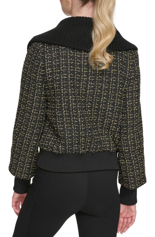 Karl Lagerfeld Paris Knit Collar Metallic Tweed Bomber Jacket In Black Gold