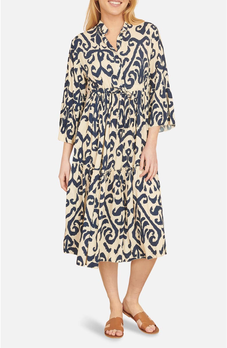 Yumi 3/4 Sleeve Block Print Kaftan Dress, Alternate, color, Ivory