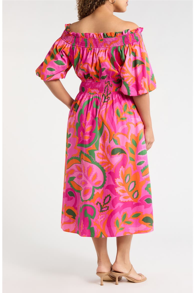 Magna Town Off the Shoulder Cotton Midi Dress, Alternate, color, PINK-MULTI