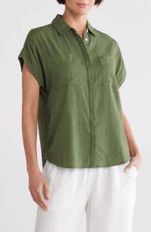 Caslon® Double Pocket Linen Blend Camp Shirt