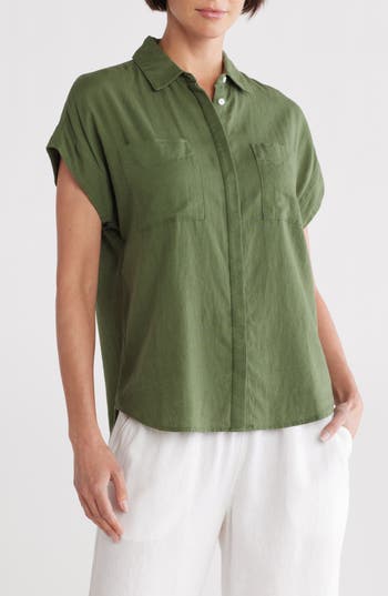 Caslon ® Double Pocket Linen Blend Camp Shirt In Green Bronze