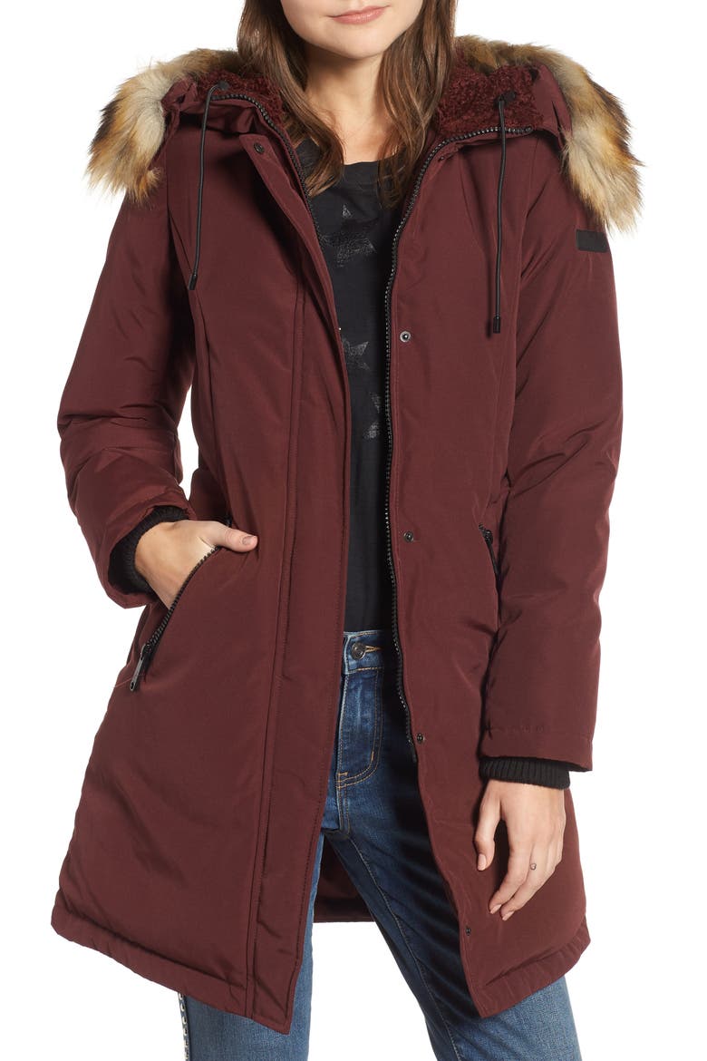 Faux Fur Trim Down Parka, Main, color, OLD BURGUNDY