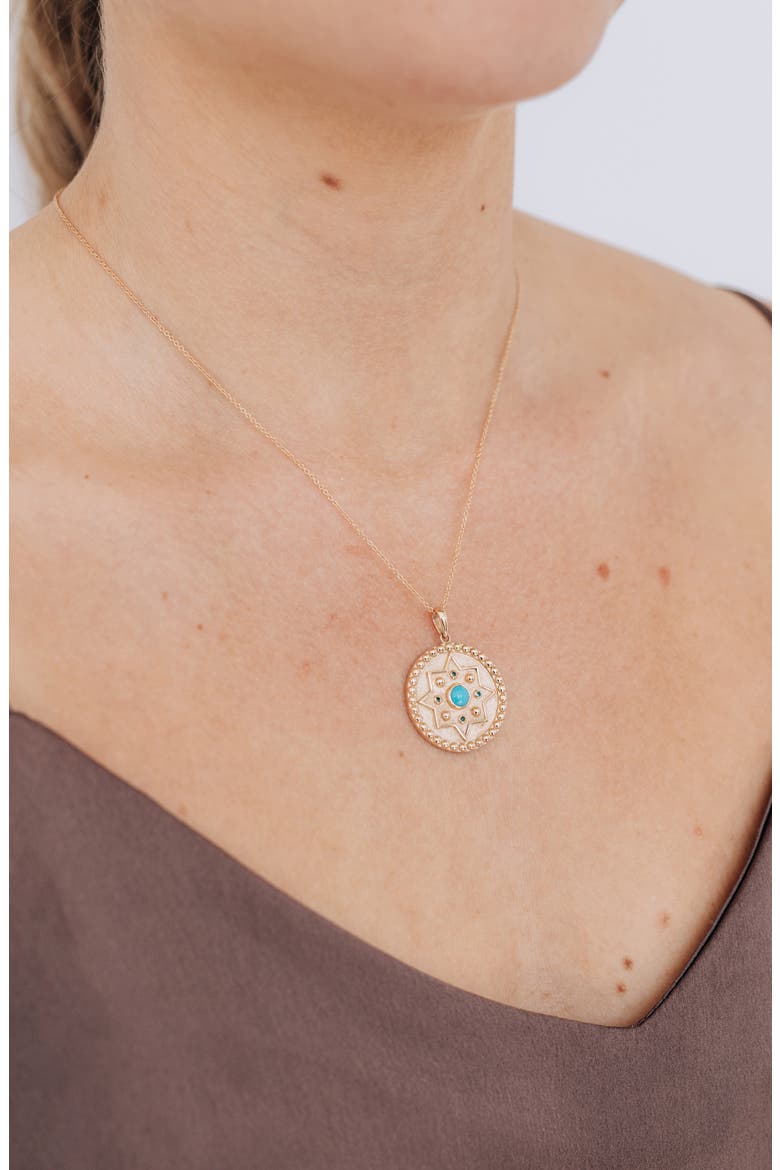 Dew Drop Mayan Turquoise & Emerald Disc Pendant Necklace, Alternate, color, GOLD