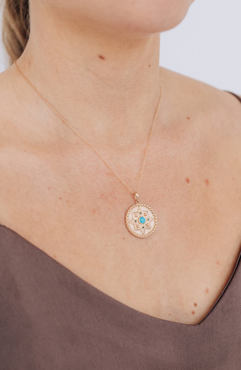 Anzie Dew Drop Mayan Turquoise & Emerald Disc Pendant Necklace, Alternate, color, Gold