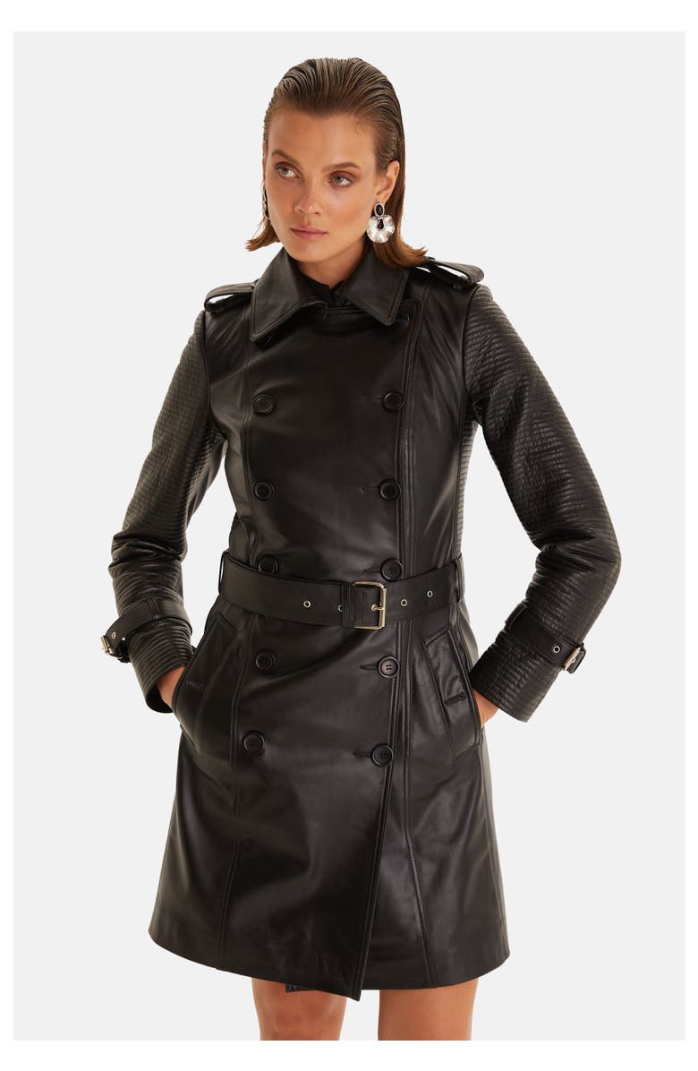 Furniq UK Greenwich Leather Trench Coat, Alternate, color, Black