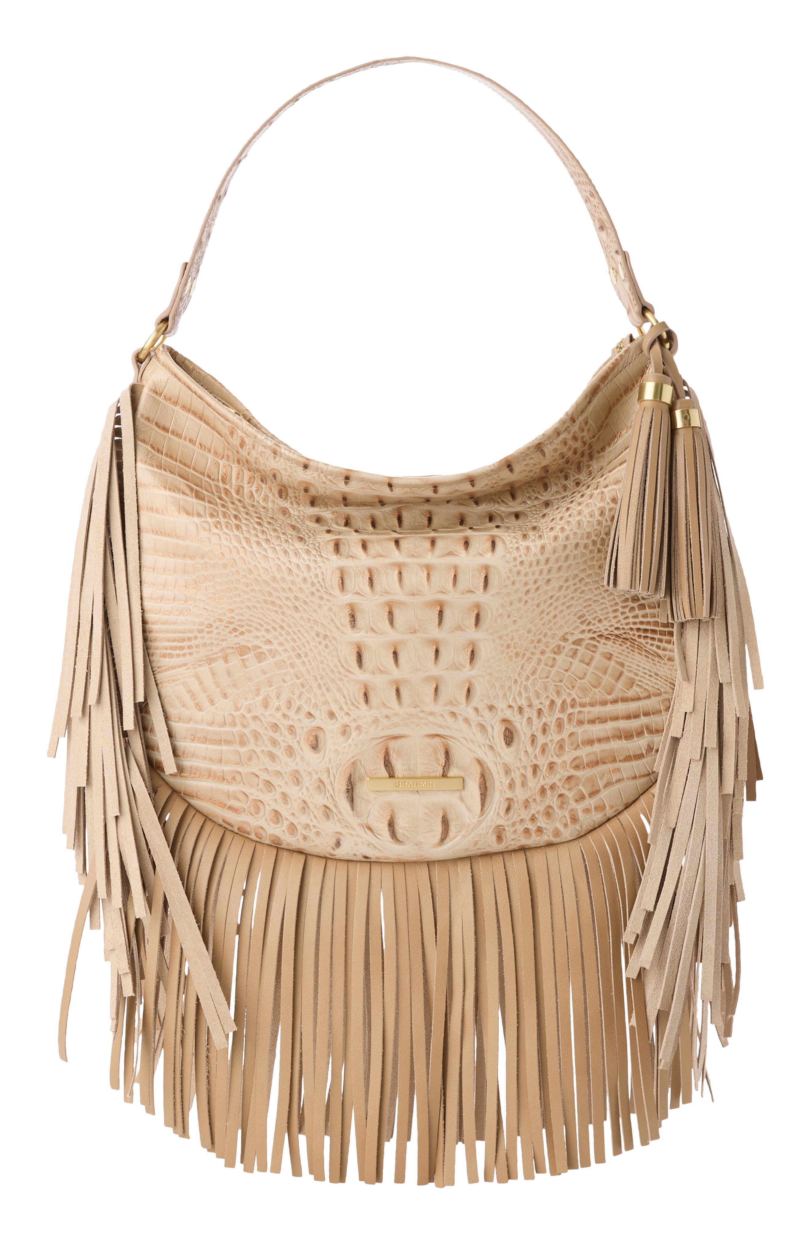 Brahmin Small Kathleen Fringe Croc Embossed Leather Shoulder Bag, Main, color, Sandstorm