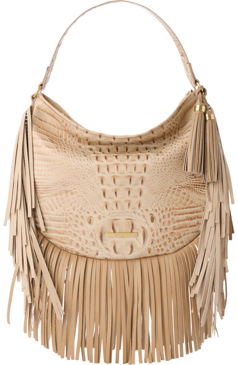 Brahmin Small Kathleen Fringe Croc Embossed Leather Shoulder Bag, Main, color, Sandstorm