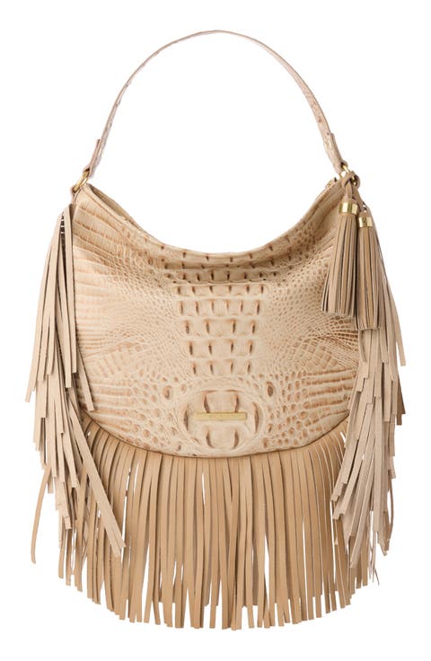 Small Kathleen Fringe Croc Embossed Leather Shoulder Bag