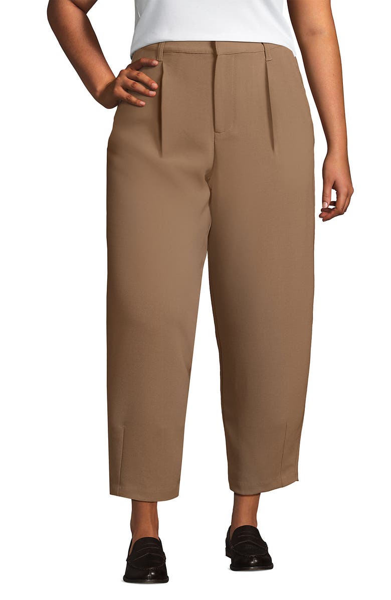 Lands' End Plus Size Crepe High Rise Pleated Barrel Leg Ankle Pants, Main, color, Honey Beige
