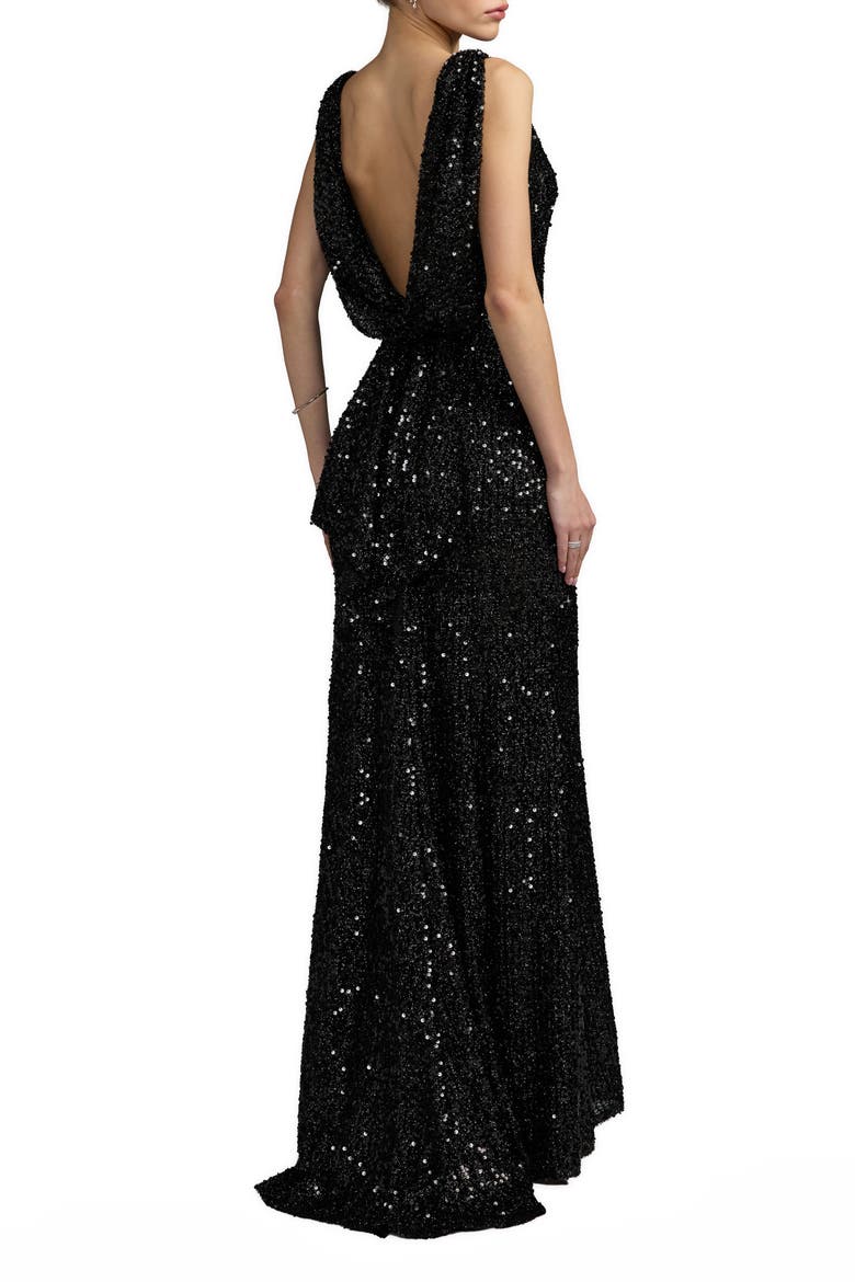 Petite Sequin Sleeveless Draped Back Evening Gown, Alternate, color, Black