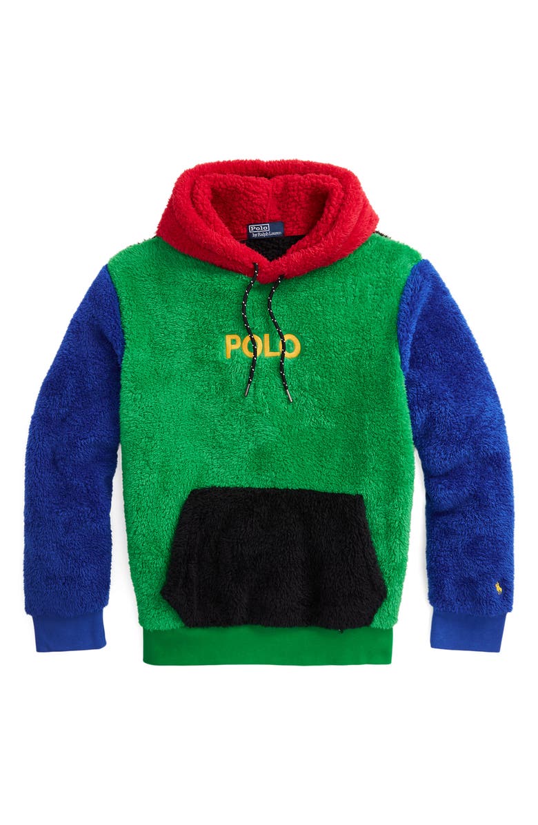 Polo Ralph Lauren Curly High Pile Faux Fur Colorblocked Hoodie, Alternate, color, Cruise Green Multi