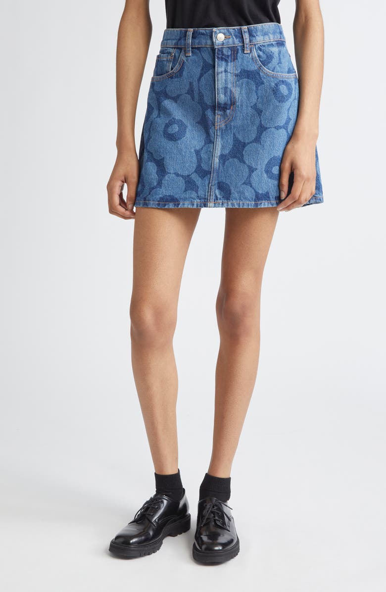 Marimekko Maridenim Ruudut Unikko Denim Miniskirt, Main, color, Mid Indigo