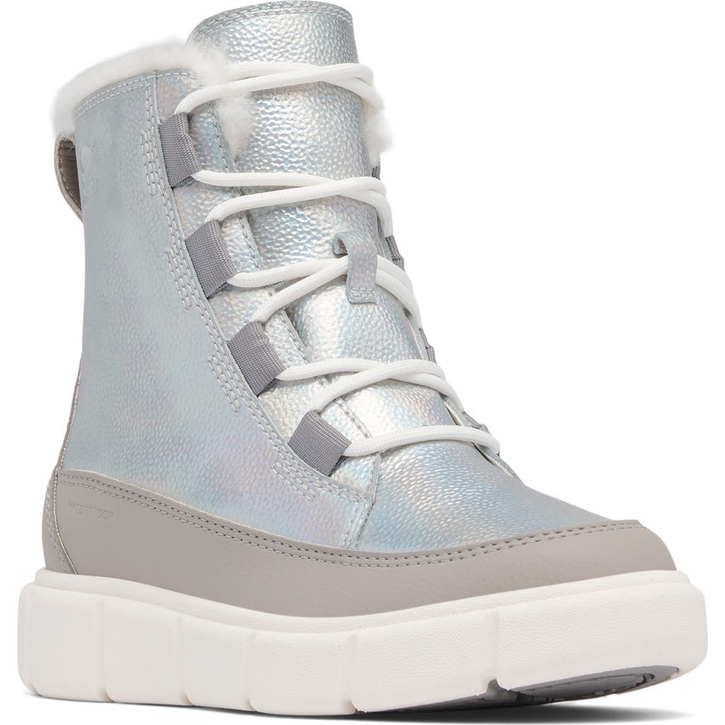 Sorel Kid's Explorer Iii Iridescent Calf Suede Boots, Kids In Pure Silver/chrome Grey