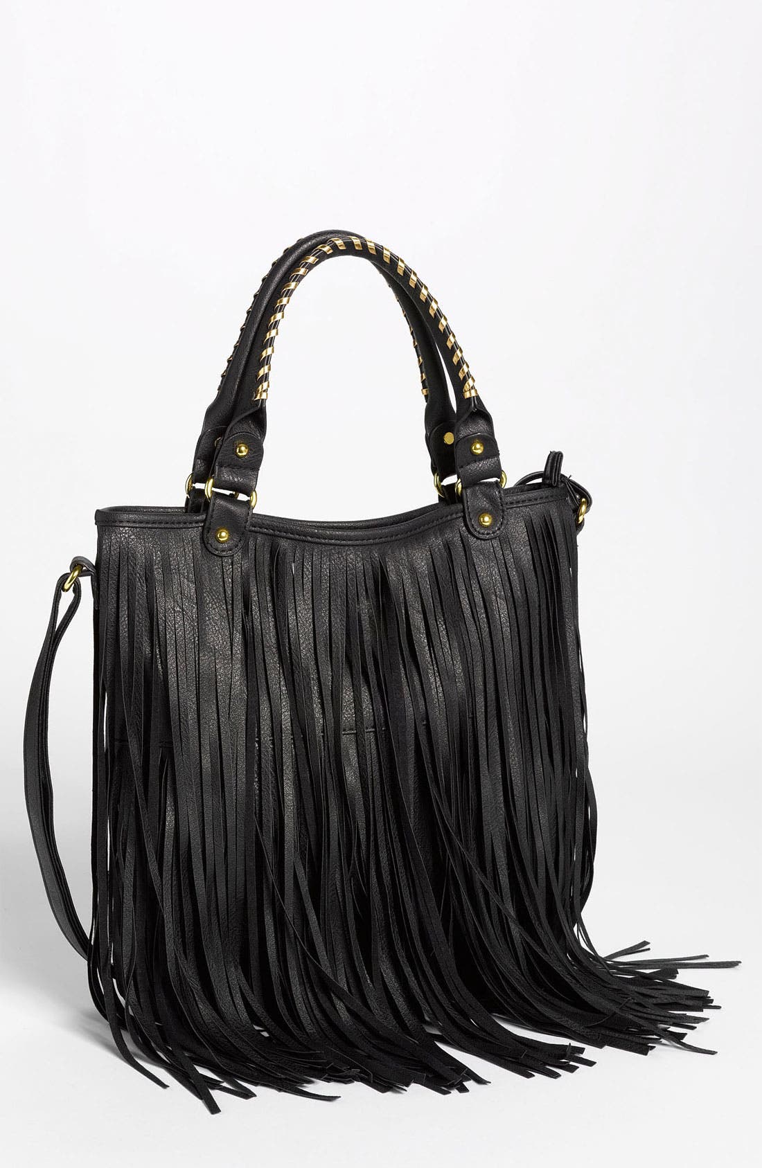 Faux Leather Fringe Hobo Bag, Main, color, BLACK/ GOLD