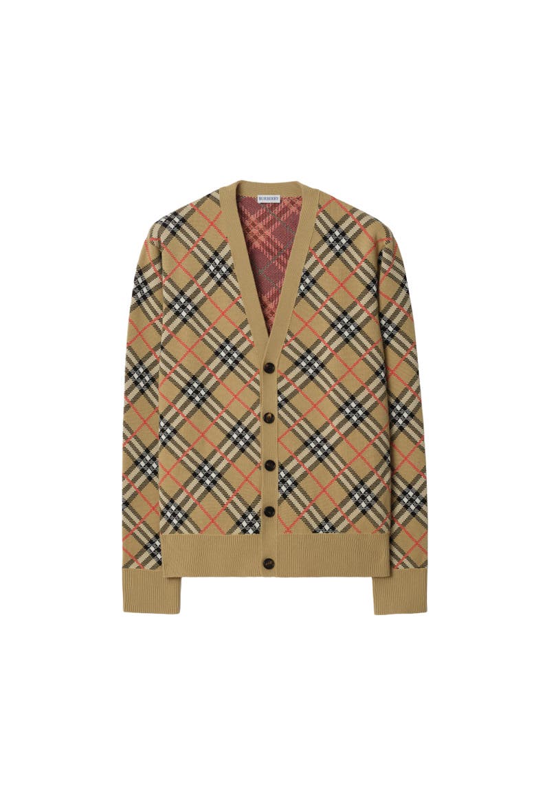 Check Cotton Wool Cardigan, Alternate, color, Sand beige