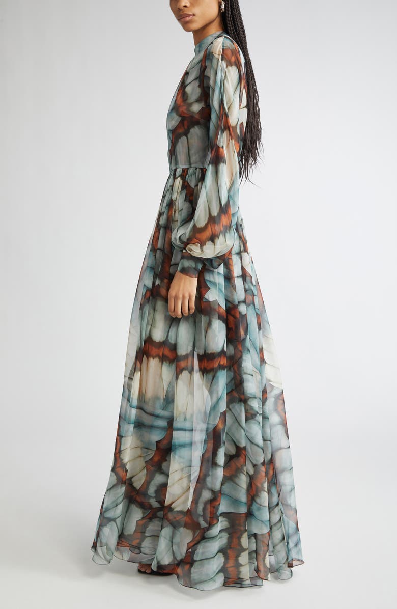 Oscar de la Renta Butterfly Print Long Sleeve Silk Chiffon Gown, Alternate, color, Blue Multi